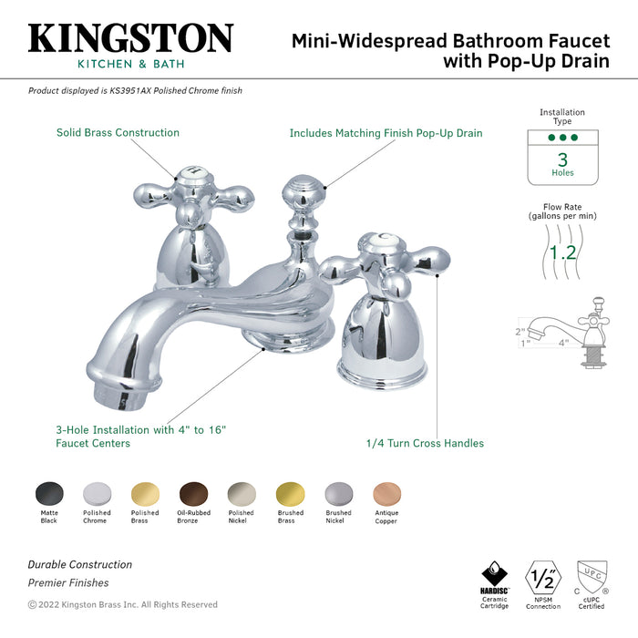 Restoration KS3951AX Two-Handle 3-Hole Deck Mount Mini-Widespread Bathroom Faucet with Brass Pop-Up, Polished Chrome