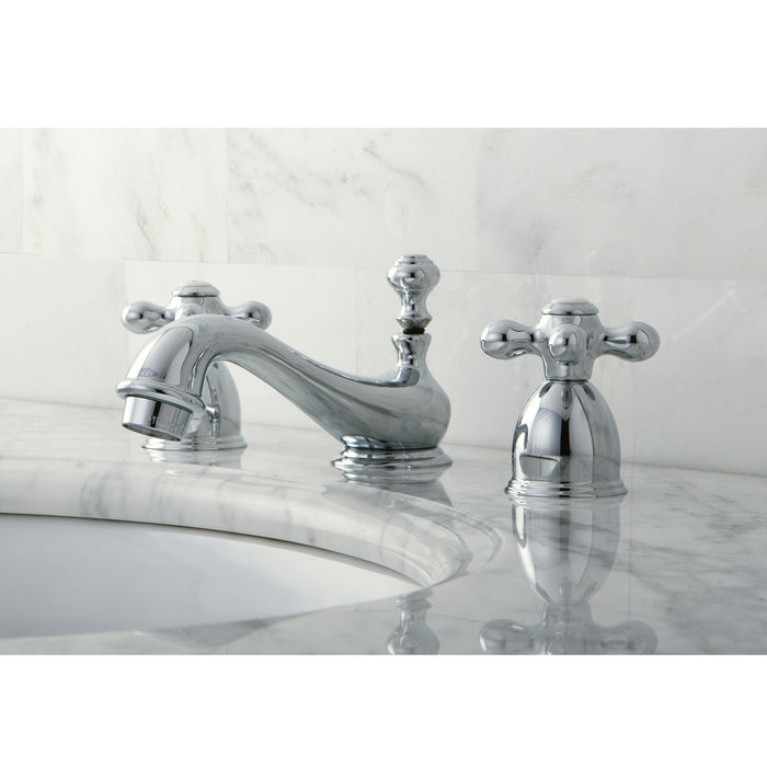 Restoration KS3951AX Two-Handle 3-Hole Deck Mount Mini-Widespread Bathroom Faucet with Brass Pop-Up, Polished Chrome