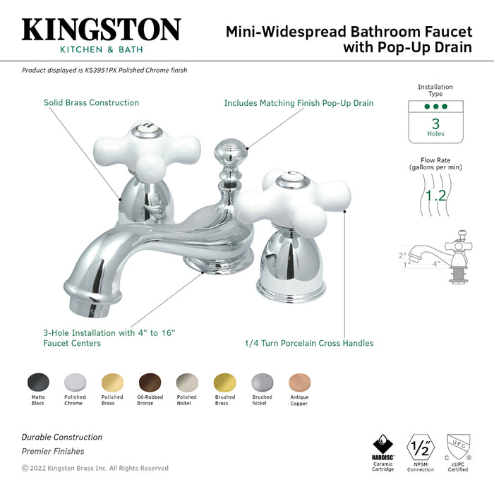 Restoration KS3951PX Two-Handle 3-Hole Deck Mount Mini-Widespread Bathroom Faucet with Brass Pop-Up, Polished Chrome