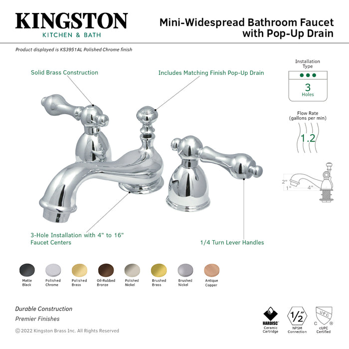 Restoration KS3952AL Two-Handle 3-Hole Deck Mount Mini-Widespread Bathroom Faucet with Brass Pop-Up, Polished Brass