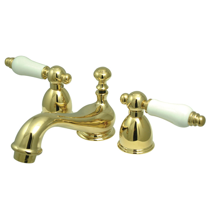 Restoration KS3952PL Two-Handle 3-Hole Deck Mount Mini-Widespread Bathroom Faucet with Brass Pop-Up, Polished Brass