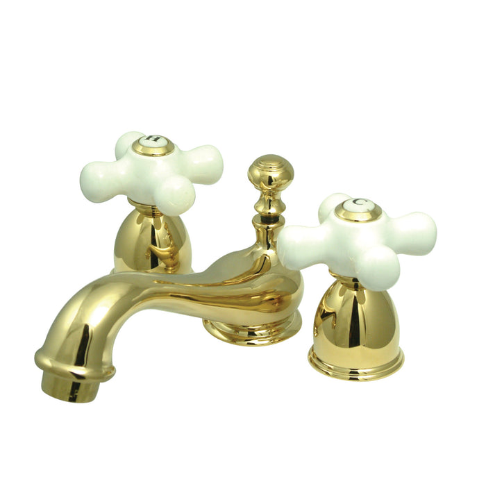 Restoration KS3952PX Two-Handle 3-Hole Deck Mount Mini-Widespread Bathroom Faucet with Brass Pop-Up, Polished Brass