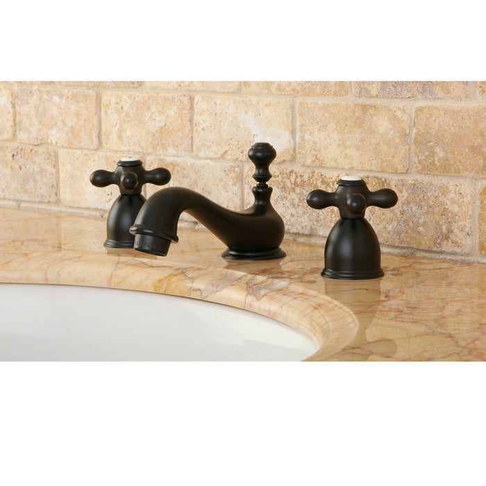 Restoration KS3955AX Two-Handle 3-Hole Deck Mount Mini-Widespread Bathroom Faucet with Brass Pop-Up, Oil Rubbed Bronze