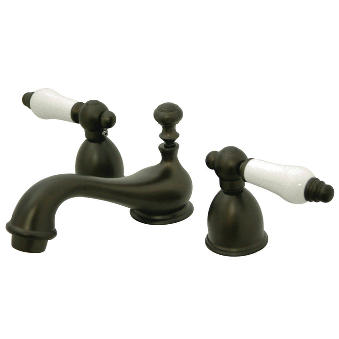 Restoration KS3955PL Two-Handle 3-Hole Deck Mount Mini-Widespread Bathroom Faucet with Brass Pop-Up, Oil Rubbed Bronze