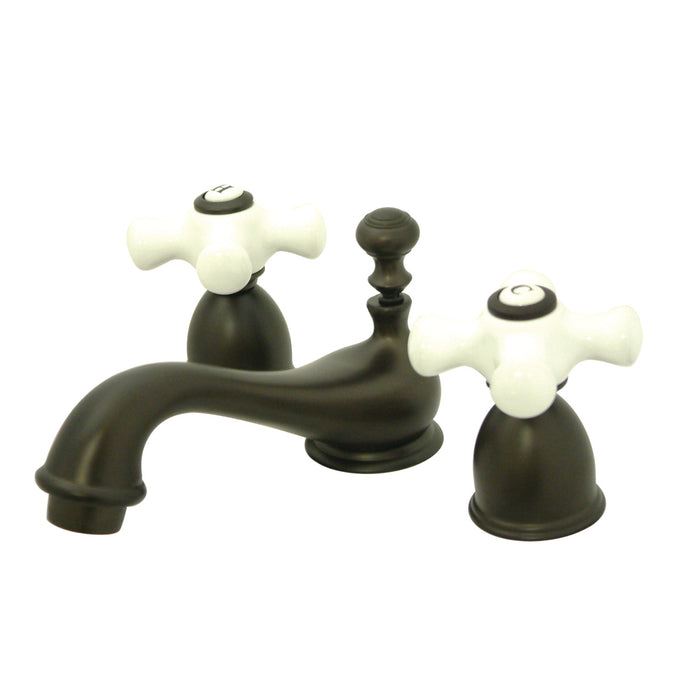 Restoration KS3955PX Two-Handle 3-Hole Deck Mount Mini-Widespread Bathroom Faucet with Brass Pop-Up, Oil Rubbed Bronze