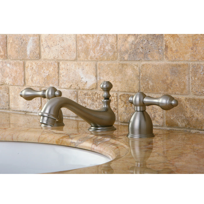 Restoration KS3958AL Two-Handle 3-Hole Deck Mount Mini-Widespread Bathroom Faucet with Brass Pop-Up, Brushed Nickel