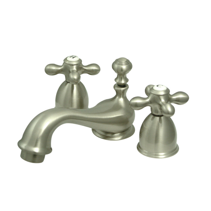 Restoration KS3958AX Two-Handle 3-Hole Deck Mount Mini-Widespread Bathroom Faucet with Brass Pop-Up, Brushed Nickel