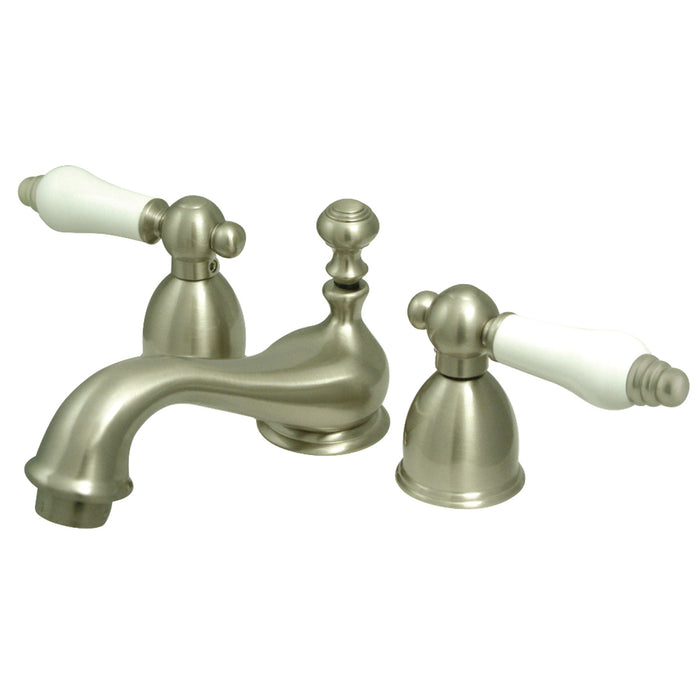 Restoration KS3958PL Two-Handle 3-Hole Deck Mount Mini-Widespread Bathroom Faucet with Brass Pop-Up, Brushed Nickel