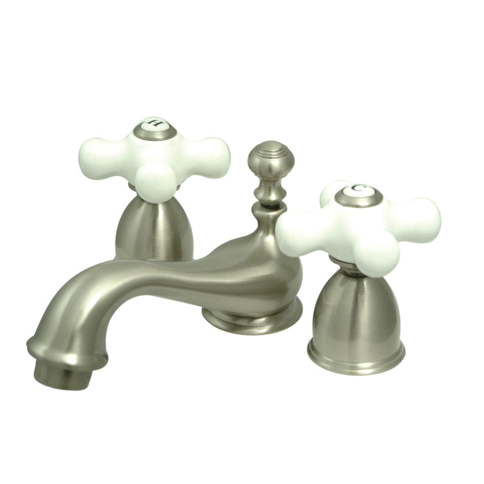 Restoration KS3958PX Two-Handle 3-Hole Deck Mount Mini-Widespread Bathroom Faucet with Brass Pop-Up, Brushed Nickel