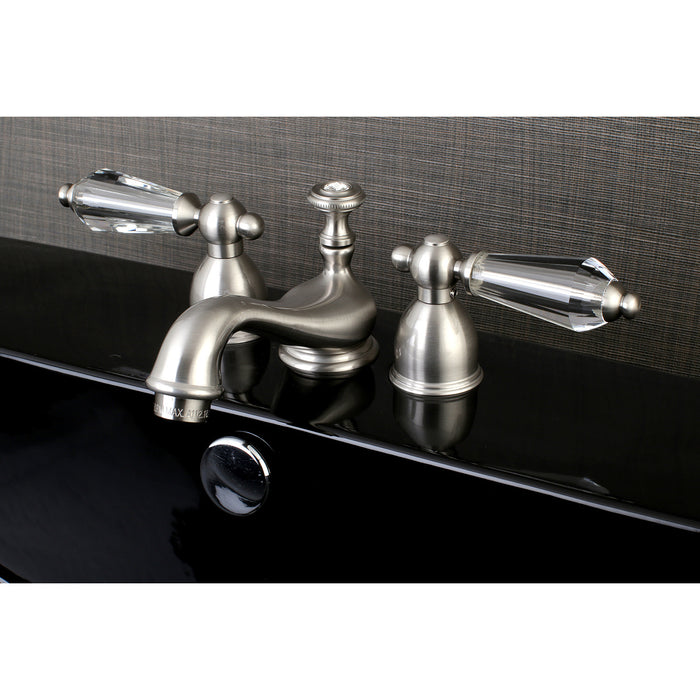 Wilshire KS3958WLL Two-Handle 3-Hole Deck Mount Mini-Widespread Bathroom Faucet with Brass Pop-Up, Brushed Nickel