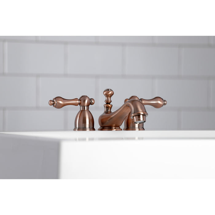Restoration KS395ALAC Two-Handle 3-Hole Deck Mount Mini-Widespread Bathroom Faucet with Brass Pop-Up, Antique Copper