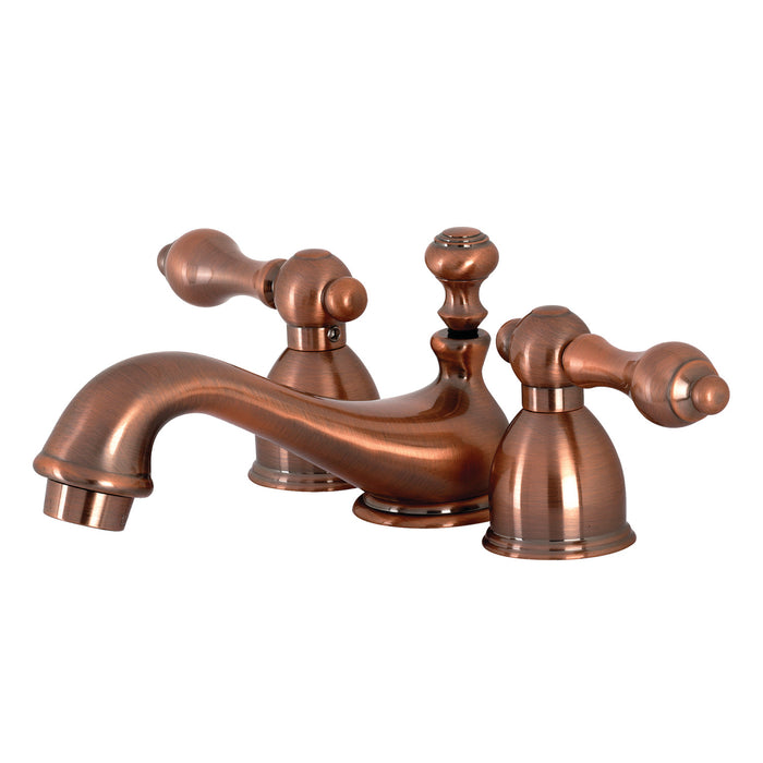 Restoration KS395ALAC Two-Handle 3-Hole Deck Mount Mini-Widespread Bathroom Faucet with Brass Pop-Up, Antique Copper