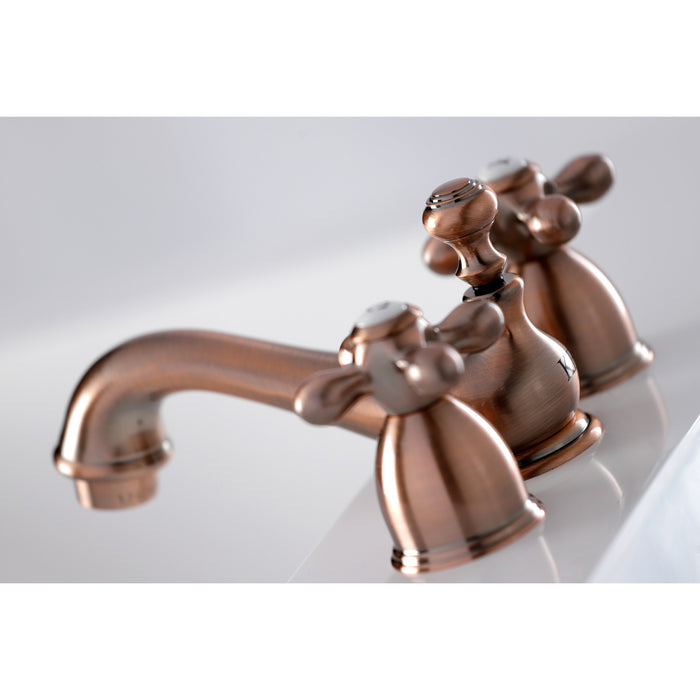 Kingston Heirloom KS395AXAC - Restoration Two-Handle 3-Hole Deck Mount Mini-Widespread Bathroom Faucet with Brass Pop-Up, Antique Copper