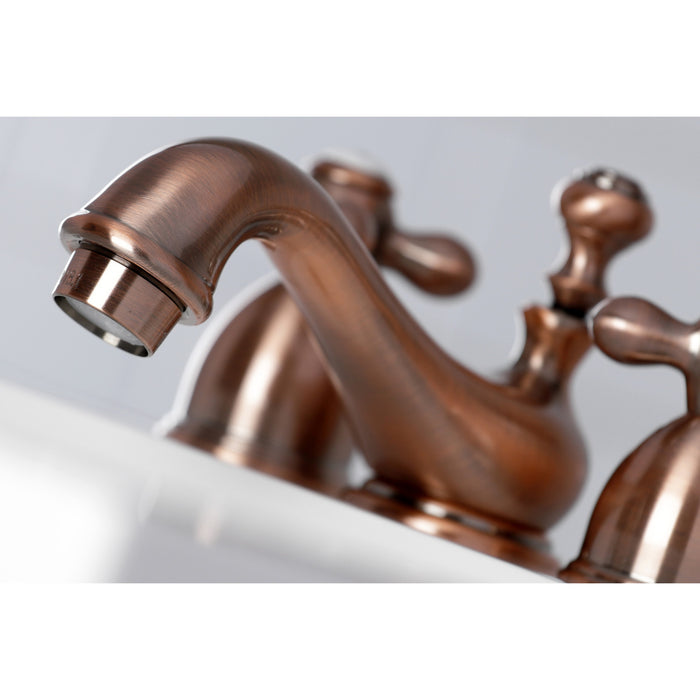 Kingston Heirloom KS395AXAC - Restoration Two-Handle 3-Hole Deck Mount Mini-Widespread Bathroom Faucet with Brass Pop-Up, Antique Copper