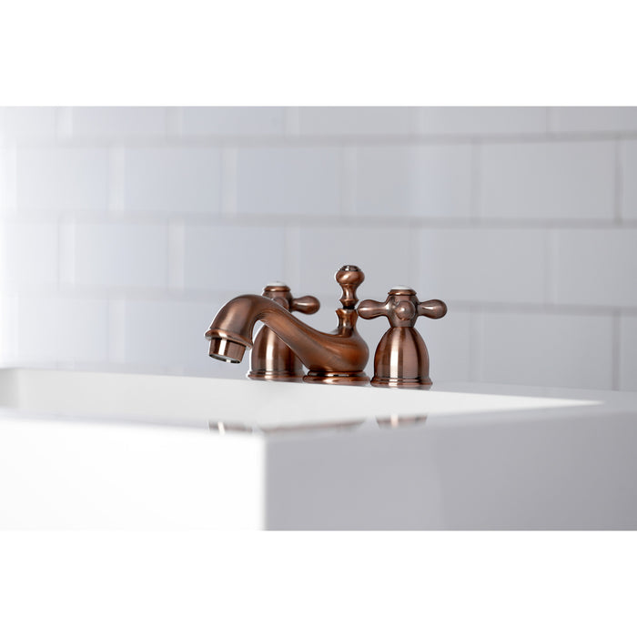 Restoration KS395AXAC Two-Handle 3-Hole Deck Mount Mini-Widespread Bathroom Faucet with Brass Pop-Up, Antique Copper