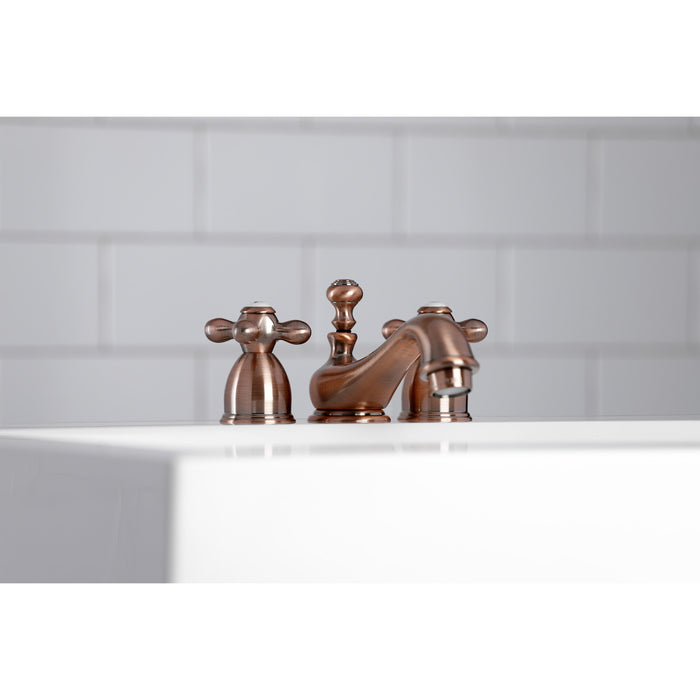 Kingston Heirloom KS395AXAC - Restoration Two-Handle 3-Hole Deck Mount Mini-Widespread Bathroom Faucet with Brass Pop-Up, Antique Copper