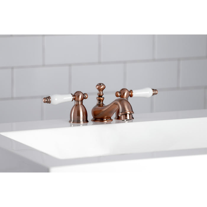 Restoration KS395PLAC Two-Handle 3-Hole Deck Mount Mini-Widespread Bathroom Faucet with Brass Pop-Up, Antique Copper