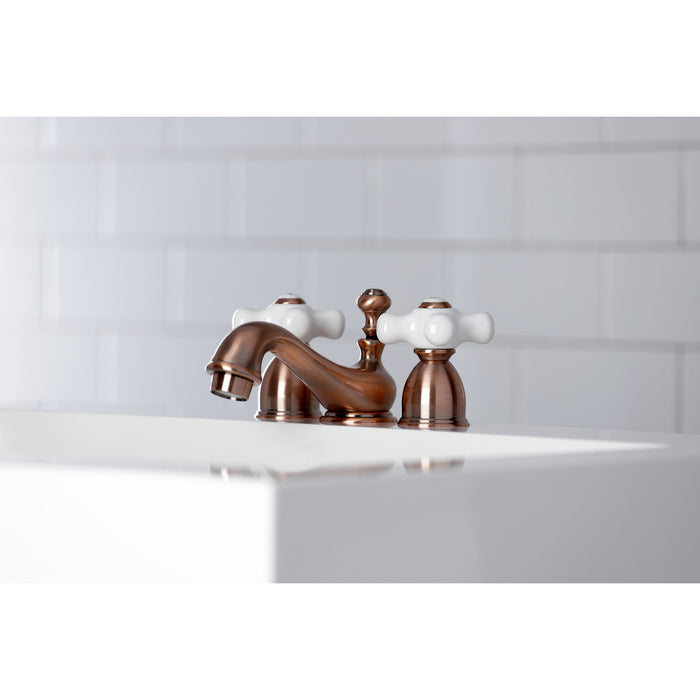 Restoration KS395PXAC Two-Handle 3-Hole Deck Mount Mini-Widespread Bathroom Faucet with Brass Pop-Up, Antique Copper