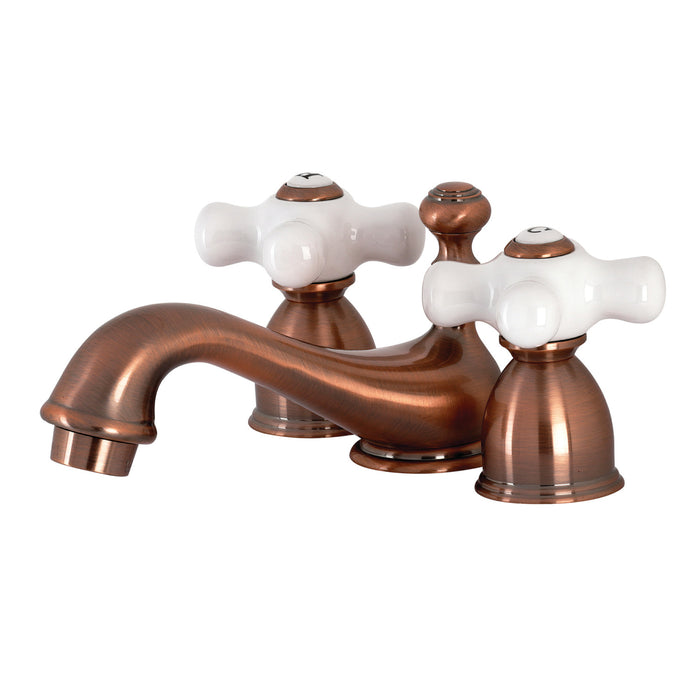 Restoration KS395PXAC Two-Handle 3-Hole Deck Mount Mini-Widespread Bathroom Faucet with Brass Pop-Up, Antique Copper