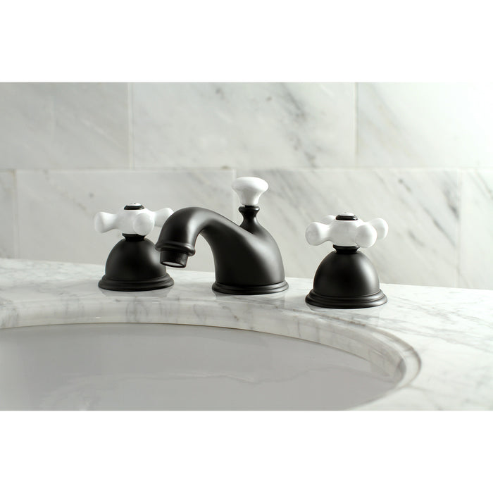 Kingston Heirloom KS3960PX - Restoration Two-Handle 3-Hole Deck Mount Widespread Bathroom Faucet with Brass Pop-Up, Matte Black