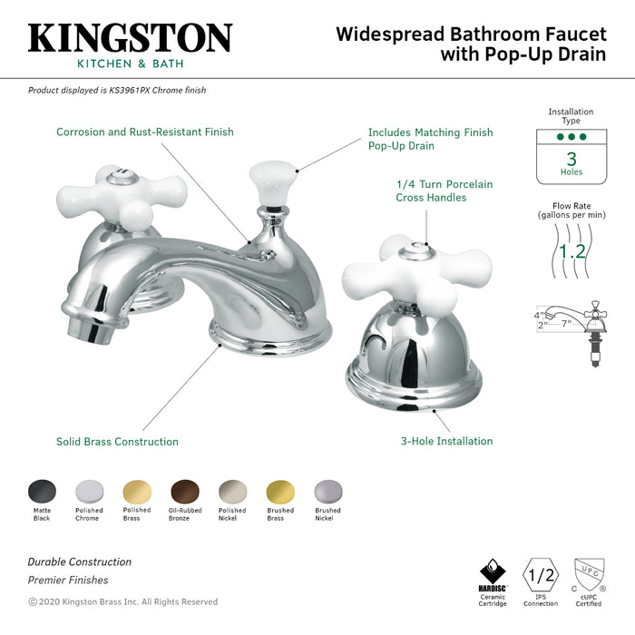 Restoration KS3961PX Two-Handle 3-Hole Deck Mount Widespread Bathroom Faucet with Brass Pop-Up, Polished Chrome