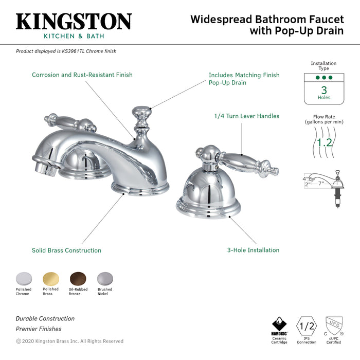 Templeton KS3961TL Two-Handle 3-Hole Deck Mount Widespread Bathroom Faucet with Brass Pop-Up, Polished Chrome