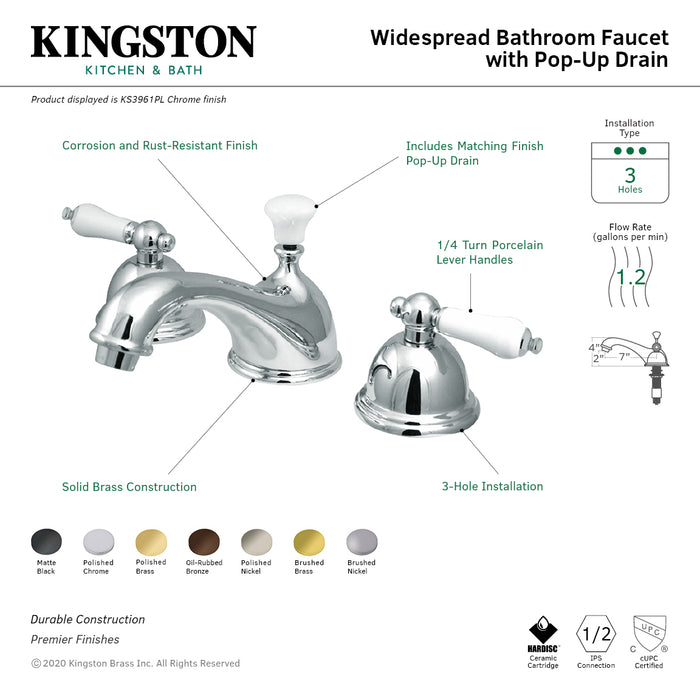 Restoration KS3962PL Two-Handle 3-Hole Deck Mount Widespread Bathroom Faucet with Brass Pop-Up, Polished Brass