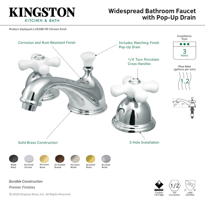 Kingston Heirloom KS3962PX - Restoration Two-Handle 3-Hole Deck Mount Widespread Bathroom Faucet with Brass Pop-Up, Polished Brass