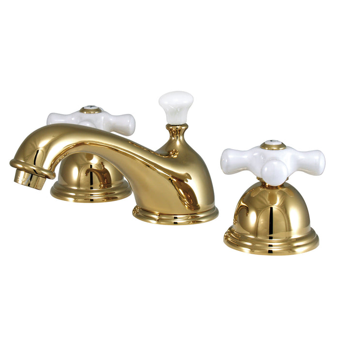 Kingston Heirloom KS3962PX - Restoration Two-Handle 3-Hole Deck Mount Widespread Bathroom Faucet with Brass Pop-Up, Polished Brass