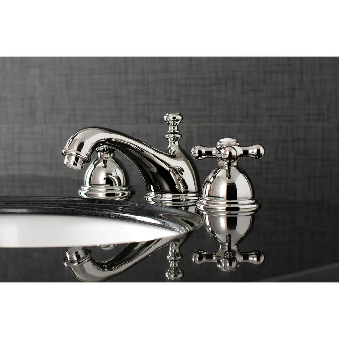 Kingston Heirloom KS3966AX - Restoration Two-Handle 3-Hole Deck Mount Widespread Bathroom Faucet with Brass Pop-Up, Polished Nickel