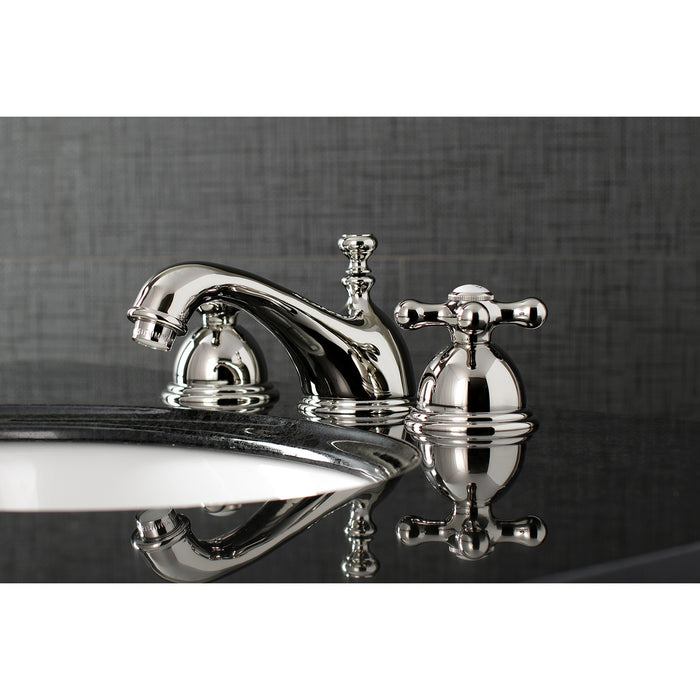 Restoration KS3966AX Two-Handle 3-Hole Deck Mount Widespread Bathroom Faucet with Brass Pop-Up, Polished Nickel