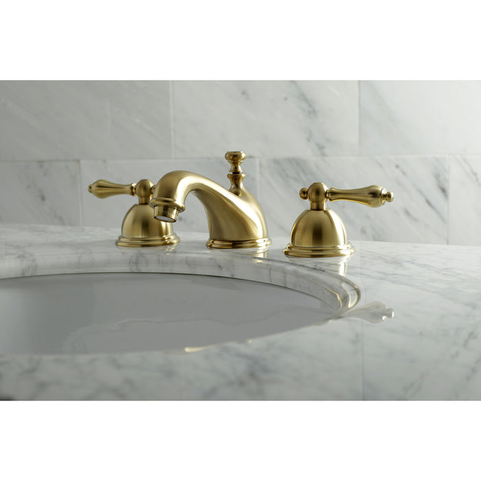 Restoration KS3967AL Two-Handle 3-Hole Deck Mount Widespread Bathroom Faucet with Brass Pop-Up, Brushed Brass