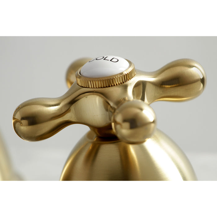 Restoration KS3967AX Two-Handle 3-Hole Deck Mount Widespread Bathroom Faucet with Brass Pop-Up, Brushed Brass