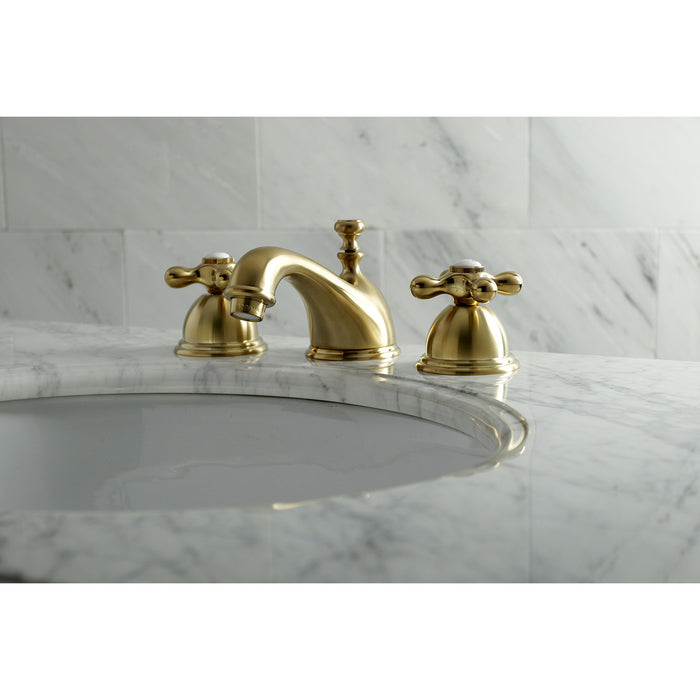 Restoration KS3967AX Two-Handle 3-Hole Deck Mount Widespread Bathroom Faucet with Brass Pop-Up, Brushed Brass