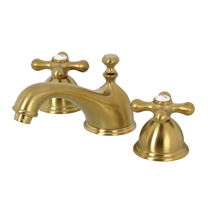 Restoration KS3967AX Two-Handle 3-Hole Deck Mount Widespread Bathroom Faucet with Brass Pop-Up, Brushed Brass