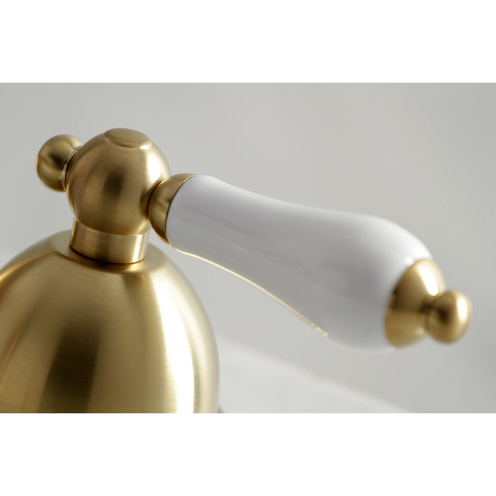 Restoration KS3967PL Two-Handle 3-Hole Deck Mount Widespread Bathroom Faucet with Brass Pop-Up, Brushed Brass