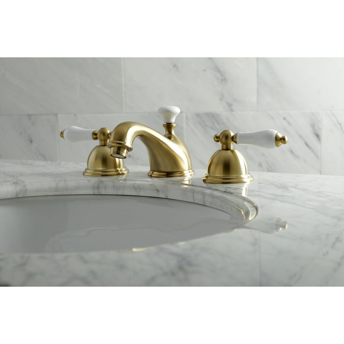 Restoration KS3967PL Two-Handle 3-Hole Deck Mount Widespread Bathroom Faucet with Brass Pop-Up, Brushed Brass