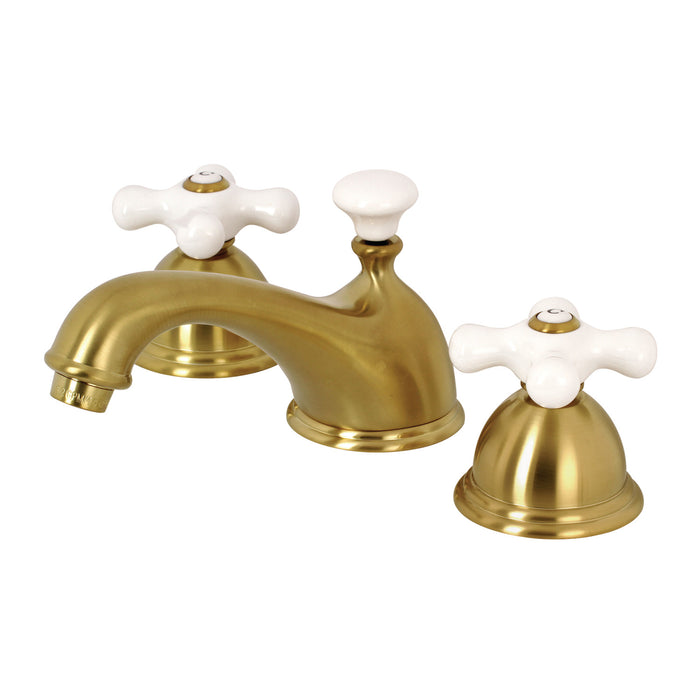 Restoration KS3967PX Two-Handle 3-Hole Deck Mount Widespread Bathroom Faucet with Brass Pop-Up, Brushed Brass