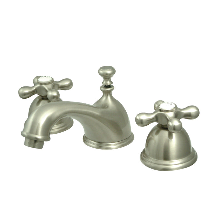 Restoration KS3968AX Two-Handle 3-Hole Deck Mount Widespread Bathroom Faucet with Brass Pop-Up, Brushed Nickel