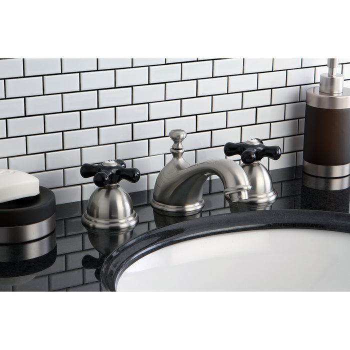 Kingston Heirloom KS3968PKX - Duchess Two-Handle 3-Hole Deck Mount Widespread Bathroom Faucet with Brass Pop-Up, Brushed Nickel