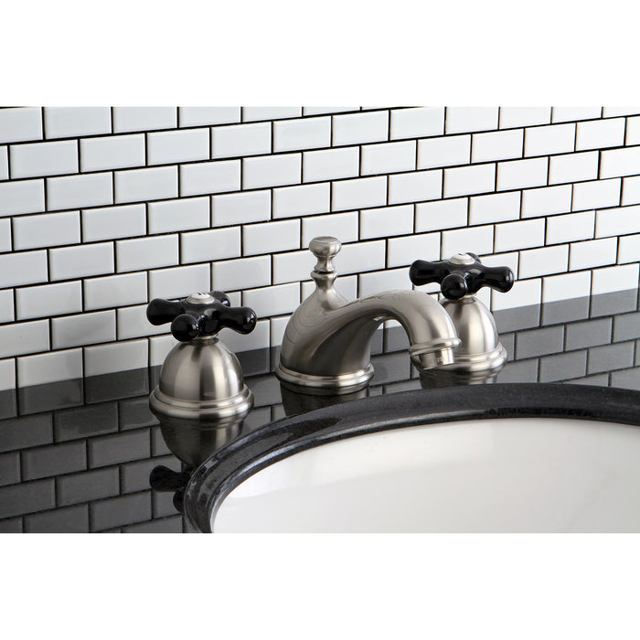 Kingston Heirloom KS3968PKX - Duchess Two-Handle 3-Hole Deck Mount Widespread Bathroom Faucet with Brass Pop-Up, Brushed Nickel