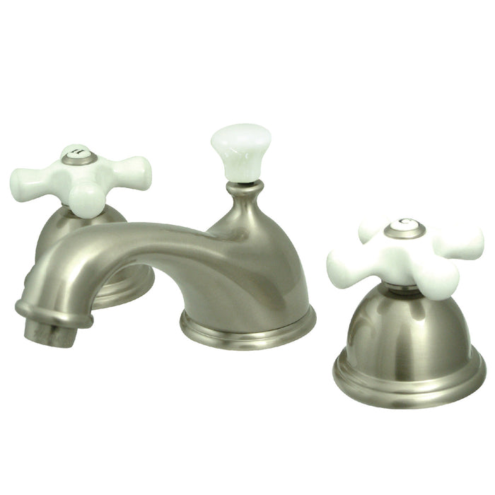 Restoration KS3968PX Two-Handle 3-Hole Deck Mount Widespread Bathroom Faucet with Brass Pop-Up, Brushed Nickel