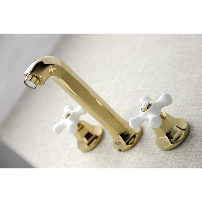Kingston Tulare KS4122PX - Metropolitan Double-Handle 3-Hole Wall Mount Bathroom Faucet, Polished Brass