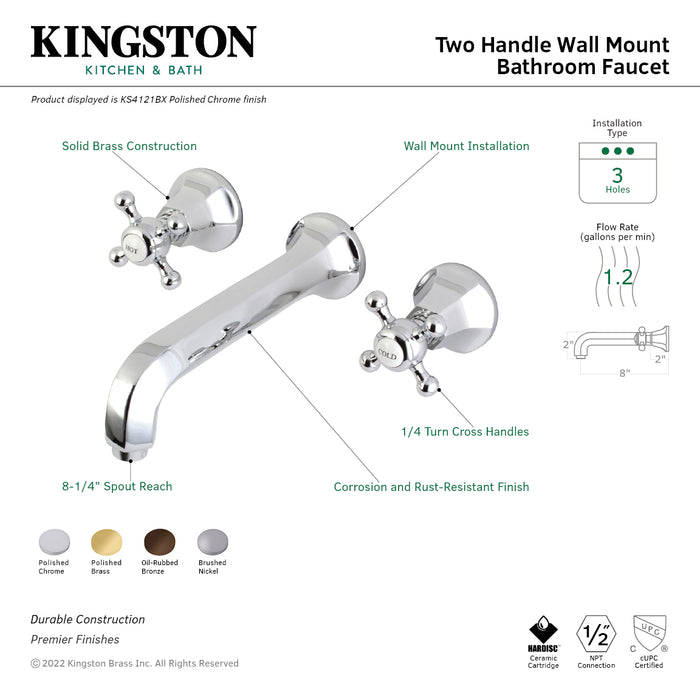 Kingston Tulare KS4128BX - Metropolitan Double-Handle 3-Hole Wall Mount Bathroom Faucet, Brushed Nickel
