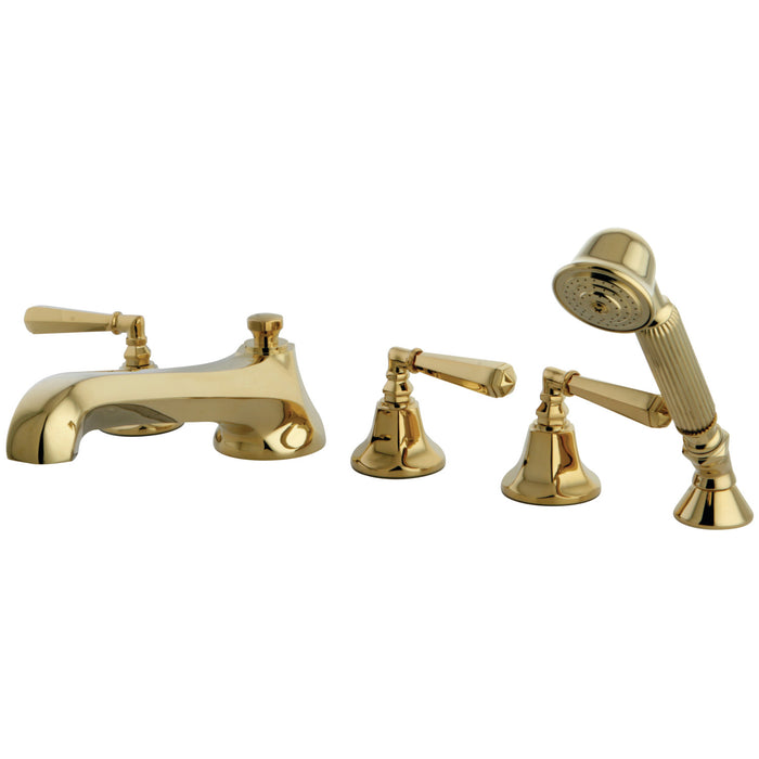 KS43025HL Three-Handle 5-Hole Deck Mount Roman Tub Faucet with Hand Shower, Polished Brass