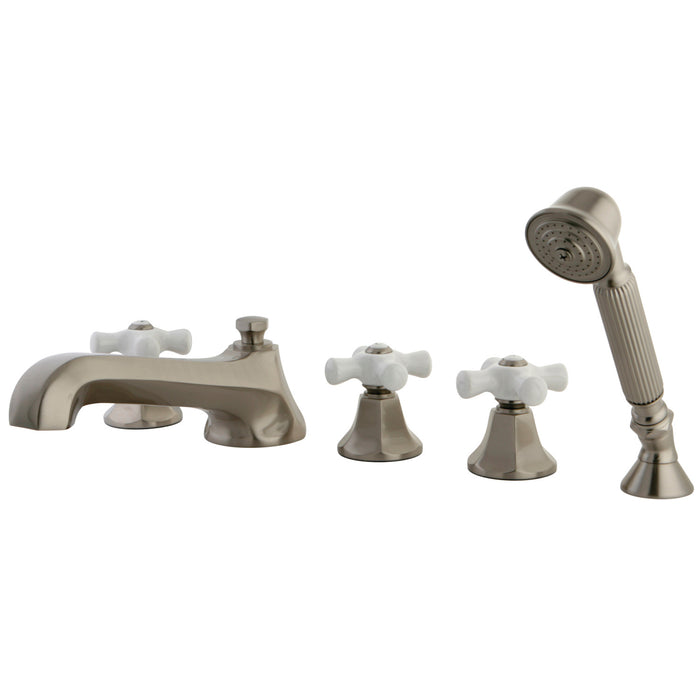Kingston Tulare KS43085PX - Metropolitan Three-Handle 5-Hole Deck Mount Roman Tub Faucet with Hand Shower, Brushed Nickel
