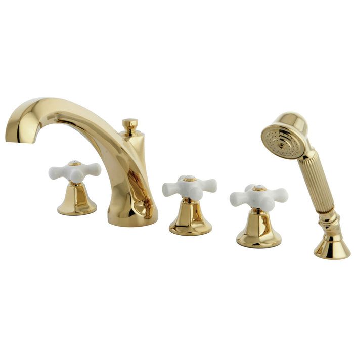 Kingston Heirloom KS43225PXThree-Handle 5-Hole Deck Mount Roman Tub Faucet with Hand Shower, Polished Brass