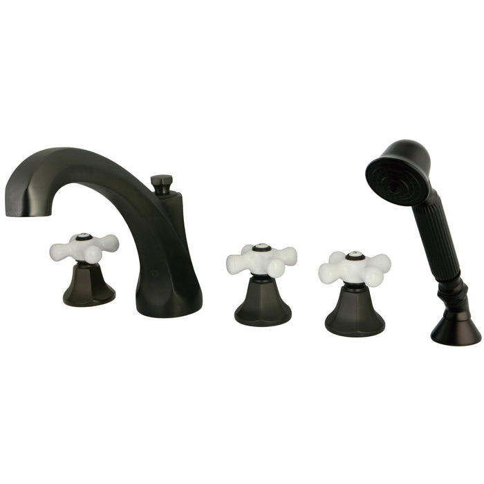 Kingston Heirloom KS43255PXThree-Handle 5-Hole Deck Mount Roman Tub Faucet with Hand Shower, Oil Rubbed Bronze