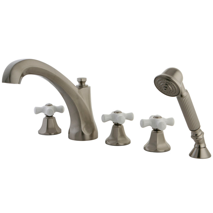 Kingston Heirloom KS43285PXThree-Handle 5-Hole Deck Mount Roman Tub Faucet with Hand Shower, Brushed Nickel