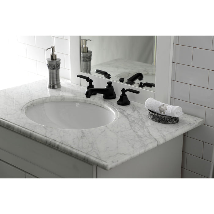 Whitaker KS4460KL Two-Handle 3-Hole Deck Mount Widespread Bathroom Faucet with Brass Pop-Up, Matte Black